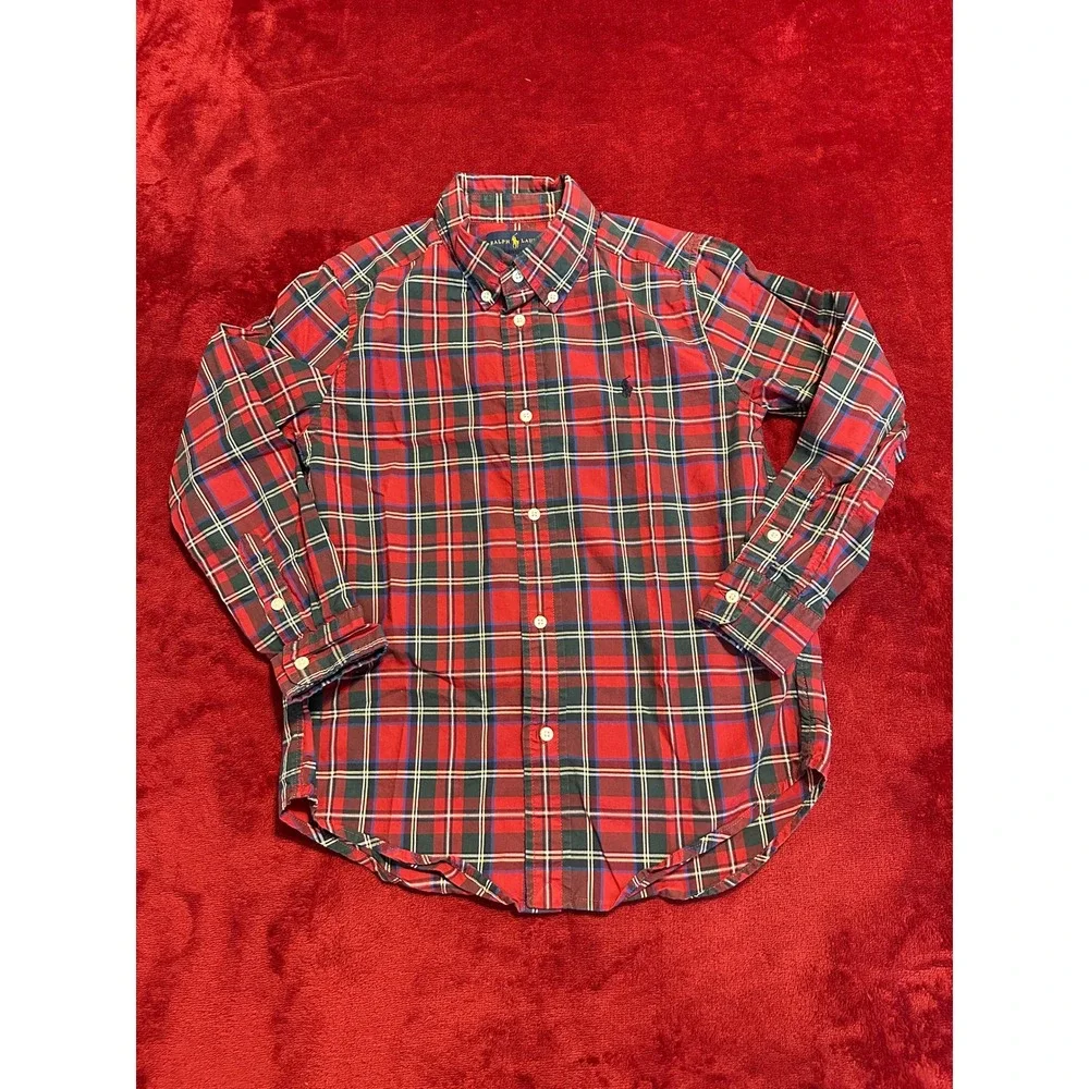 Ralph Lauren Boys Red Plaid Button Down Shirt Size 7 Long Sleeve Cotton‎ Pony